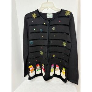 The Quacker Factory Christmas Cardigan Snowman Embellished Holiday Sweater Small